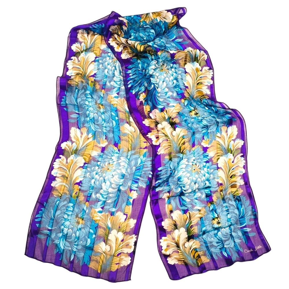 Vintage Carole Little Floral Purple Scarf Sheer Striped Blue Chrysanthemums